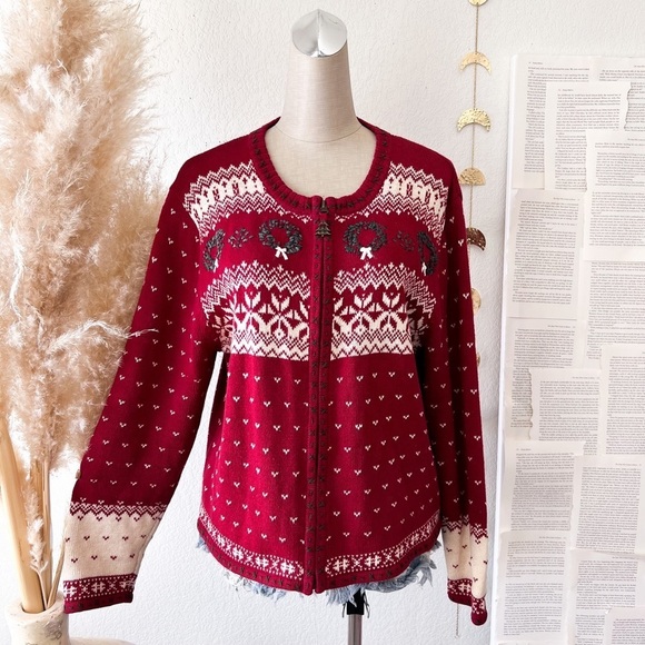 WOOLRICH Red Christmas Wreath Zip Up Sweater - Picture 1 of 14